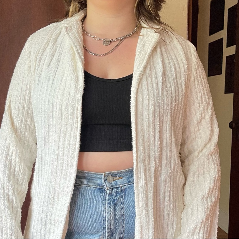 VTG 70s For Pete's Sake White Terry Cloth Ribbed Cardigan